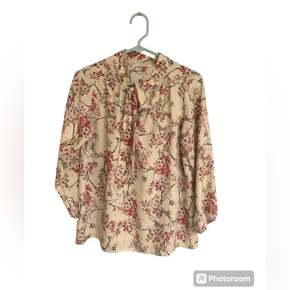 Jon and Anna cherry blossom with neck-tie bow blouse shirt, women’s ladies